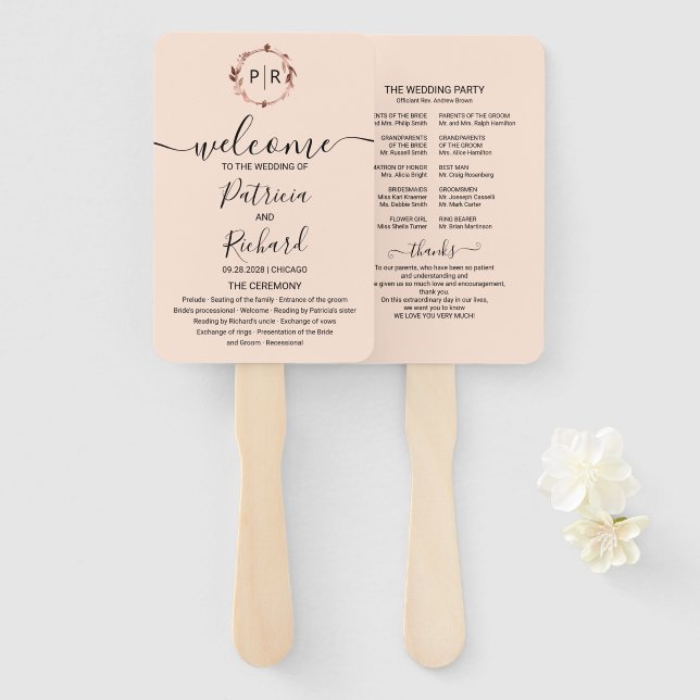 Peach Rose Gold Foil Wedding Program Hand Fan Fächer (Vorne und Hinten)