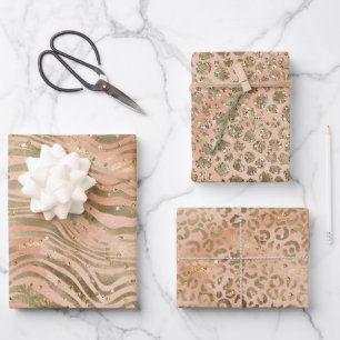Peach Rose Gold Glitz Sparkle Tierdrucke Geschenkpapier Set