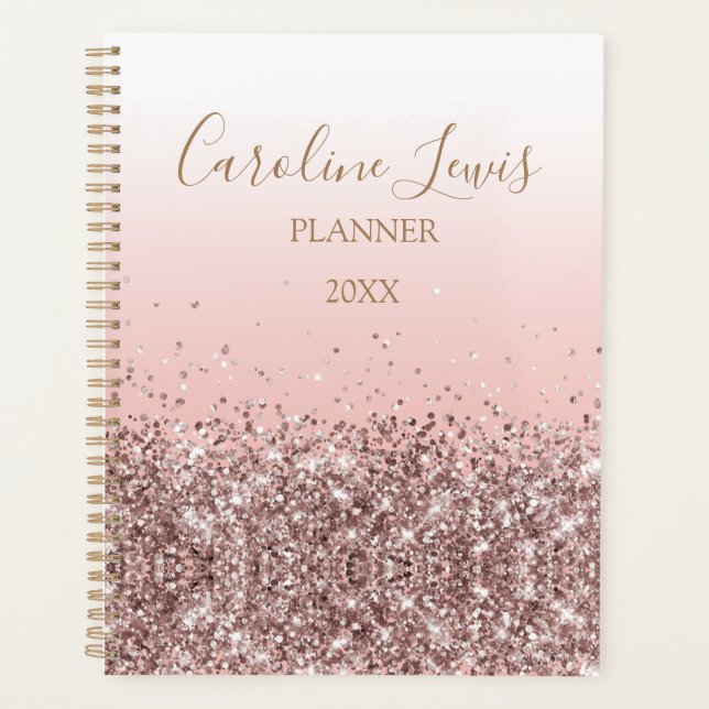Peach Rose Gold Glitzer 2023 Planer mit Name (Vorderseite)