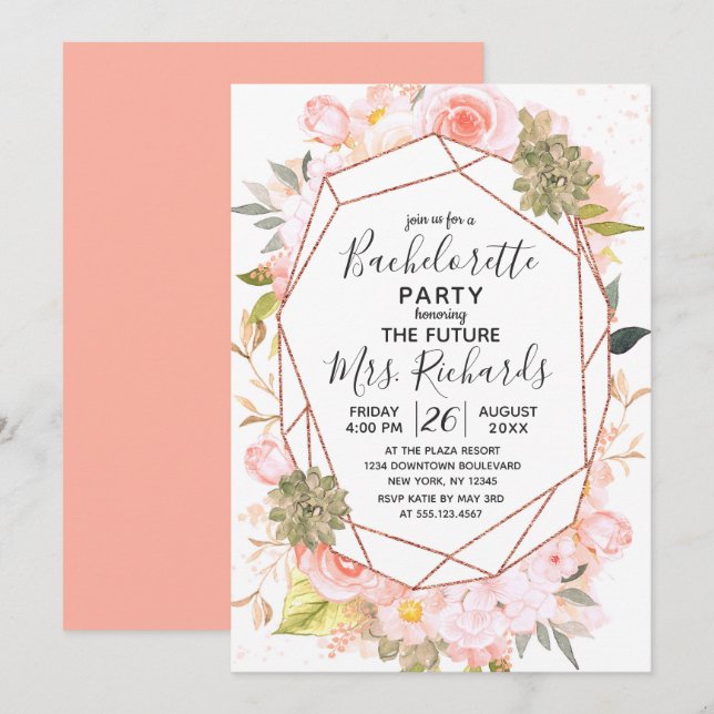 Peach & Rose Gold Junggeselinnen-Abschied Einladun Einladung (Vorne/Hinten)
