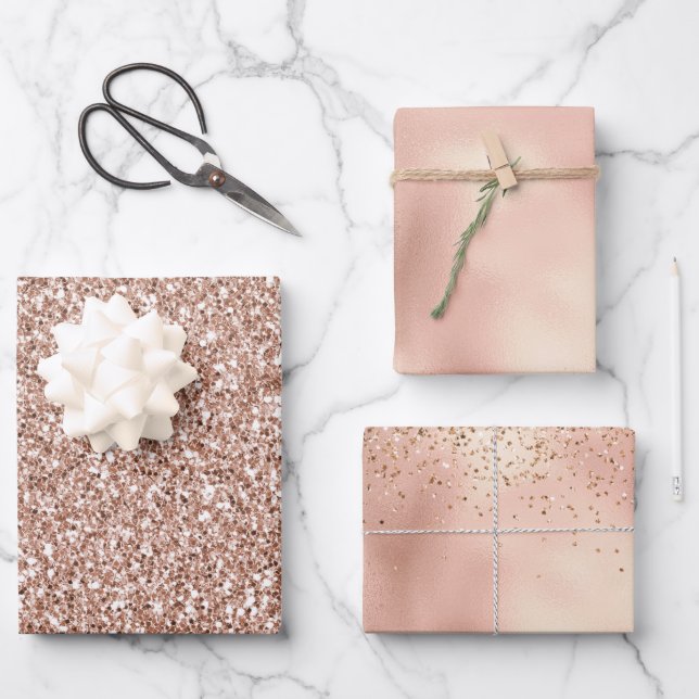 Peach Rose Gold Luxe Glitzer Geschenkpapier Set (Vorderseite)