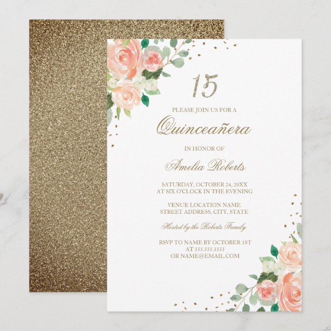 Peach Rose Goldene Flora Einladung zur Quinceanera (Vorne/Hinten)
