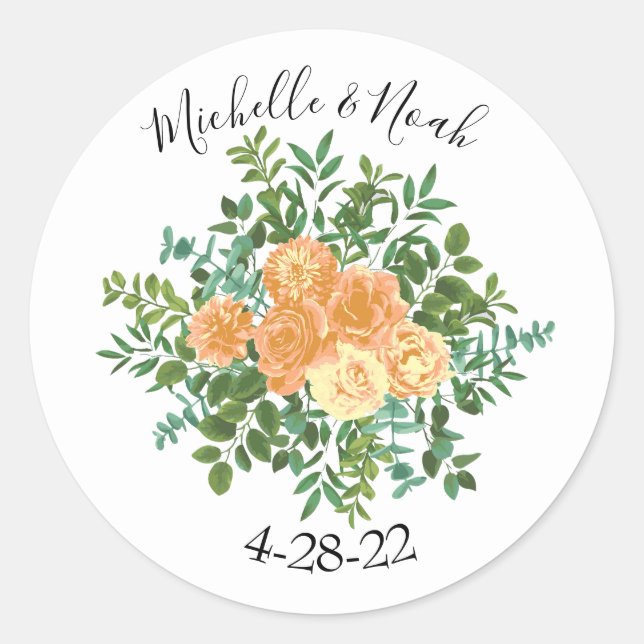 Peach Rose Hochzeit Blumenfeder Runder Aufkleber (Vorderseite)