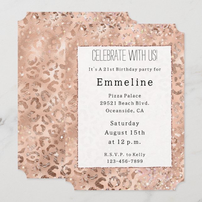 Peach Rose Leopard Glitz Einladung (Vorne/Hinten)