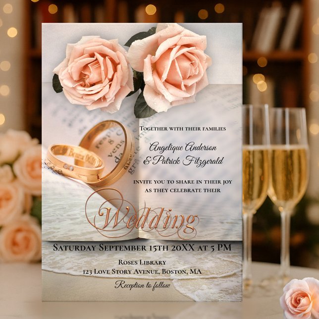 Peach Rose Liebe Storybuch Hochzeit Einladung (Wedding invitation featuring roses on a book and wedding band background with a soft beach overlay)