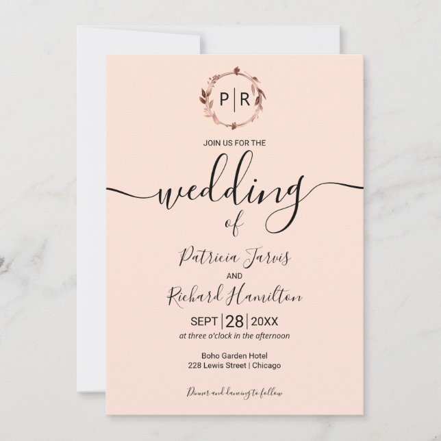 Peach Rose Monogram Calligrafy Foto Wedding Einladung (Vorderseite)