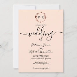 Peach Rose Monogram Calligrafy Foto Wedding Einladung