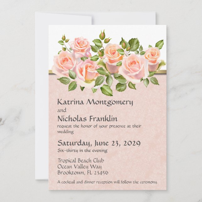 Peach Rose on White mit Gold Wedding Einladung (Vorderseite)