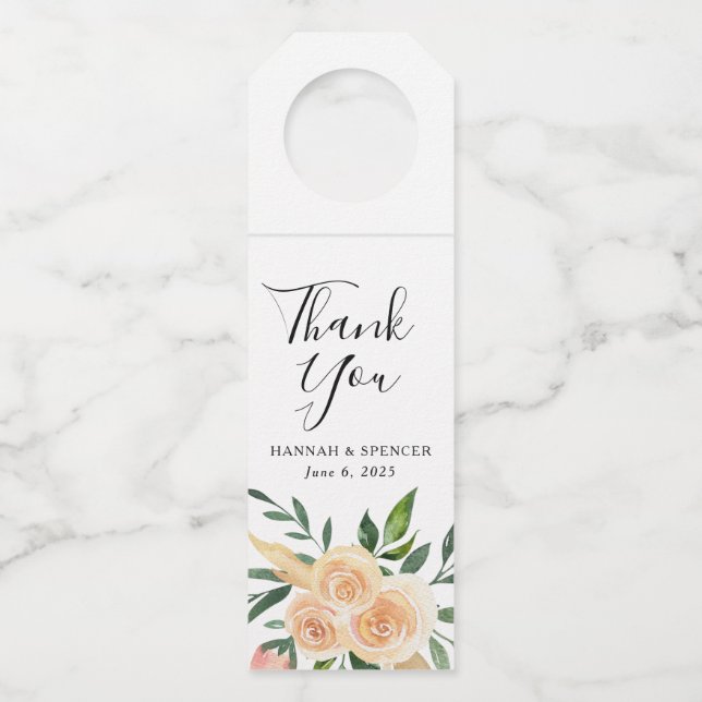 Peach-Rose | Personalisierte Hochzeit Flaschenanhänger (Vorderseite)