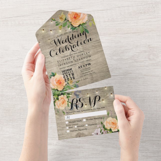Peach Rose Rustic Wood String Lights Wedding RSVP All In One Einladung (Abreißen)