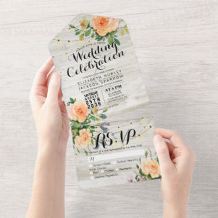 Peach Rose Rustic Wood String Lights Wedding RSVP All In One Einladung