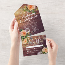 Peach Rose Rustic Wood String Lights Wedding RSVP