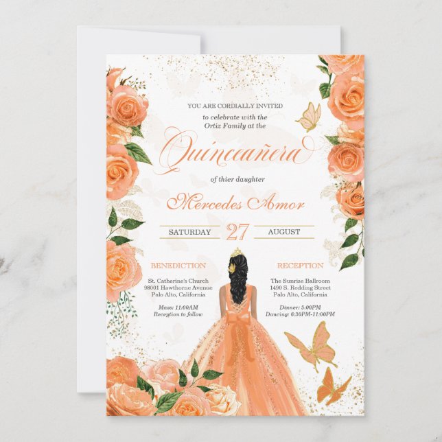 Peach Rose Schmetterlinge Mariposa Quinceanera Einladung (Vorderseite)