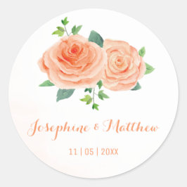 Peach Rose Wasserfarbe Hochzeitskleber Runder Aufkleber