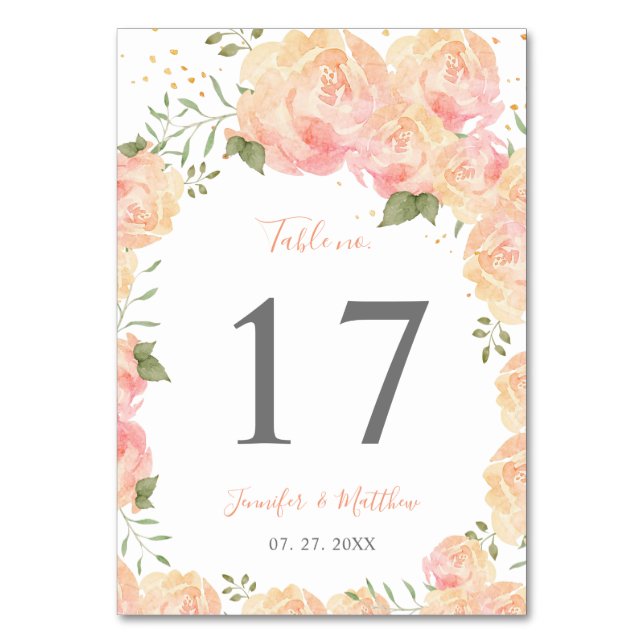Peach Rose Watercolor Floral Wedding Tischnummer (Vorderseite)