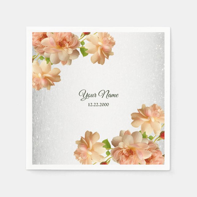 Peach Roses Floral Silver Glitter Wedding Party Serviette (Vorderseite)