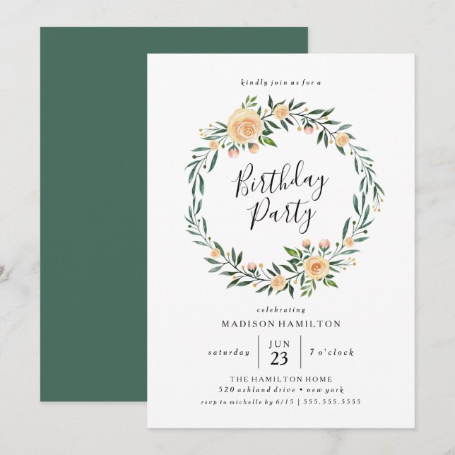 Peach Roses Wreath | Invitation de fête d'annivers (Devant / Derrière)