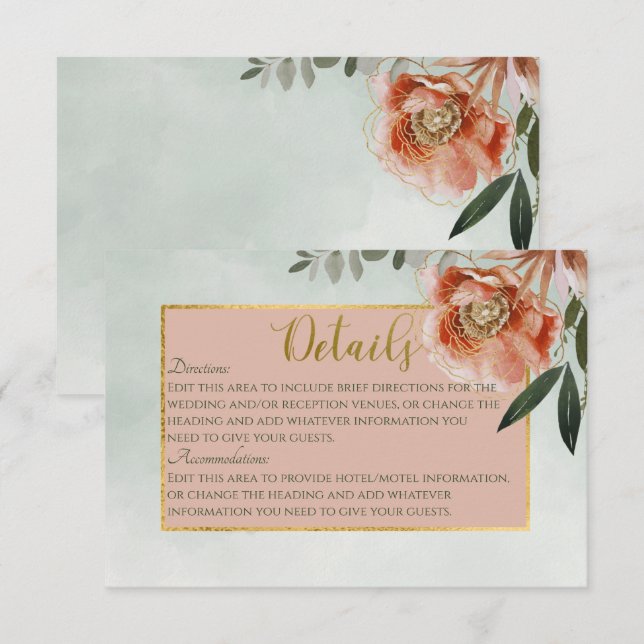 Peach & Rust Blume auf Grünen Details Hochzeit Begleitkarte (Vorne/Hinten)