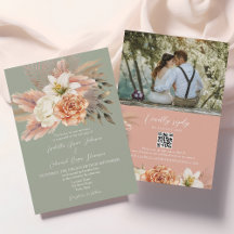 Peach Sage Floral Wedding QR Einladung