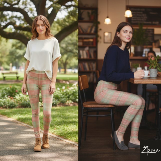 Peach Sage Muted Plaid Color Block Leggings (Von Creator hochgeladen)