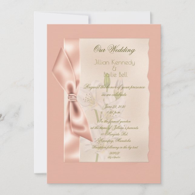 Peach Satin Ribbon feierliche Hochzeit Einladung (Vorderseite)