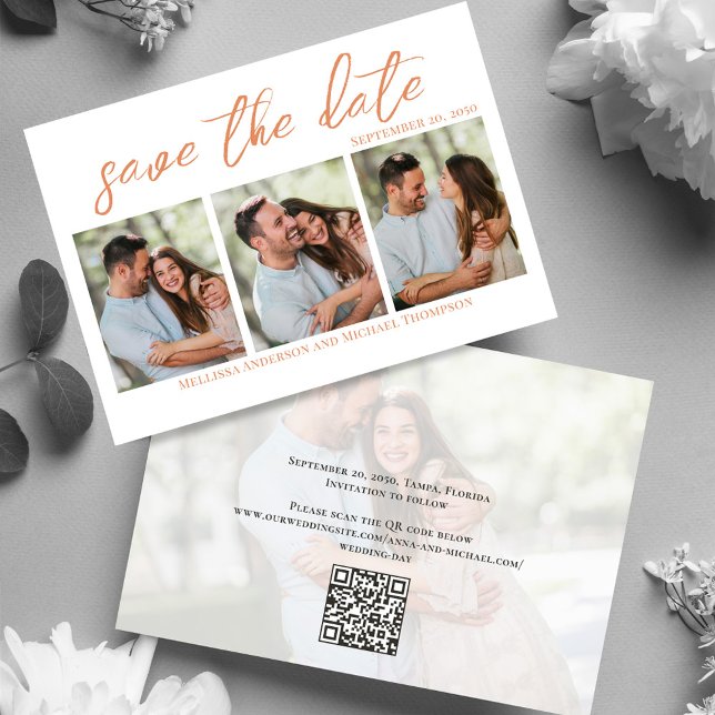 Peach Script Multi Foto Save the Date Hochzeit (Wedding save-the-date photo card with a scannable QR code. )
