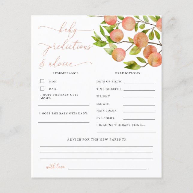 Peach Shower Baby Predictions et carte de conseil (Devant)