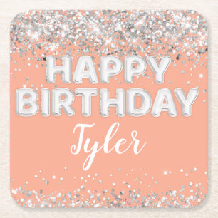 Peach Silver Birthday Party Rechteckiger Pappuntersetzer