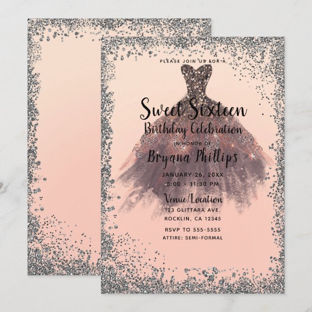 Peach & Silver Glitzer Party Dress Glam Sweet 16 Einladung (Vorne/Hinten)