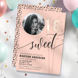 Peach Sparkler Sweet 16 Geburtstag Foto Folieneinladung