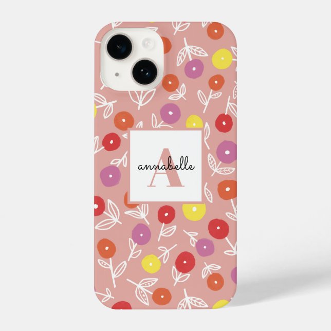 Peach Spring Floral Monogram First name iPhone 14 Hülle (Rückseite)