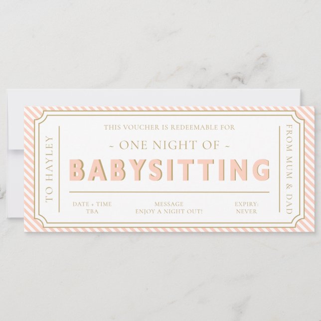 Peach Stripe Babysitting Gutscheinkarte Einladung (Vorderseite)