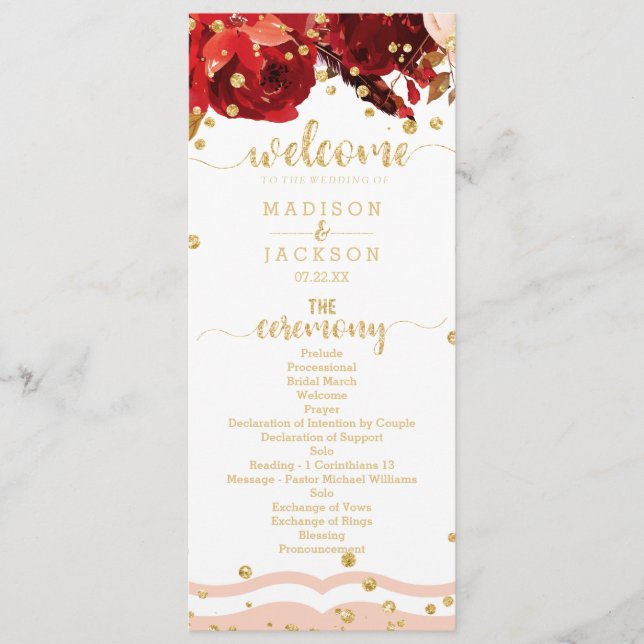 Peach Stripe Floral Gold Confetti Programme de mar (Devant)