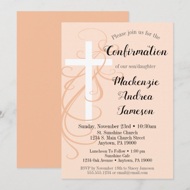 Peach Swirl Confirmation Invitation Fille Garçon (Devant / Derrière)