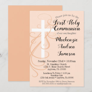 Peach Swirl Cross First Holy Communion Invitation