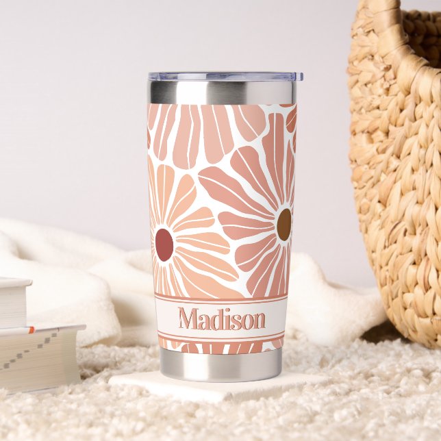 Peach Terracotta Boho Blume Muster Monogram Thermobecher (Wohnzimmer)
