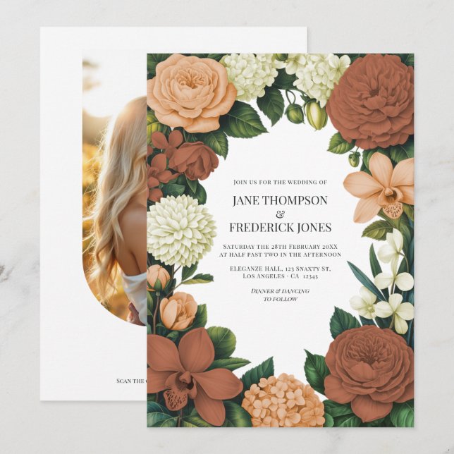 Peach, Terracotta & Cream Floral Wedding Einladung (Vorne/Hinten)