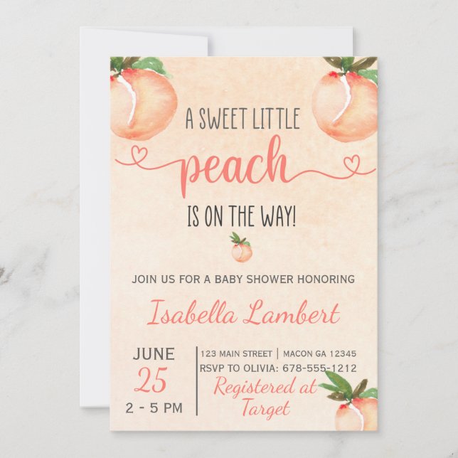Peach Themed Baby Dusche Einladung (Vorderseite)