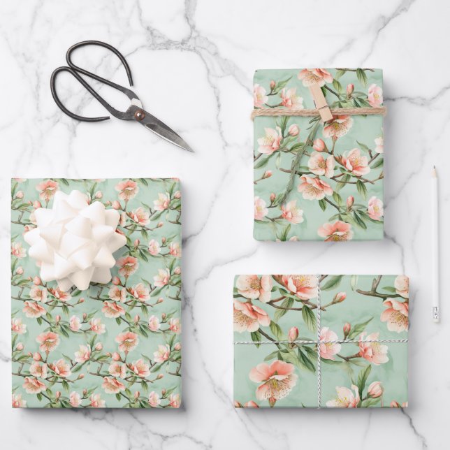 Peach Tree Blume Blumenblätter Botanisches Blossom Geschenkpapier Set (Vorderseite)