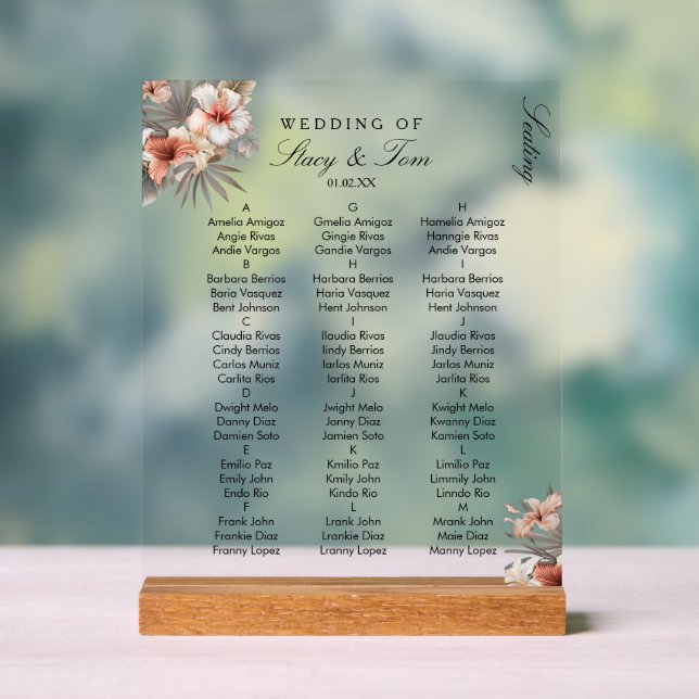 Peach Tropical Florals Elegante Hochzeitssitze Acrylschild (Neutral)