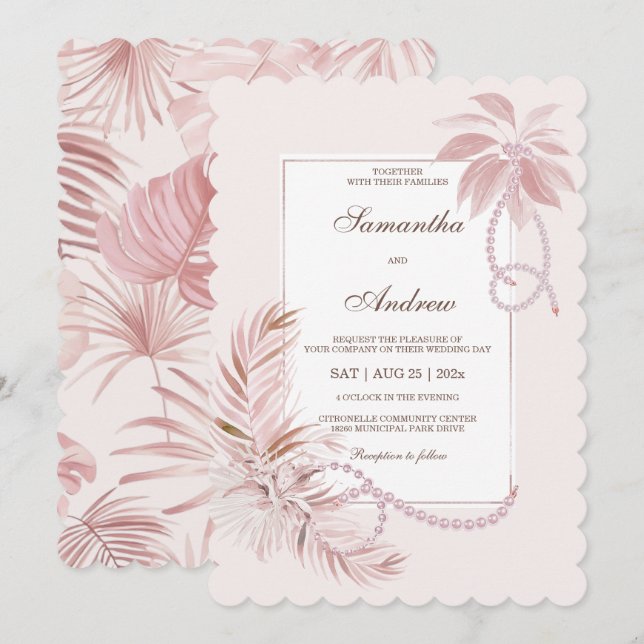 Peach Tropical Theme Wedding Party Template Einladung (Vorne/Hinten)