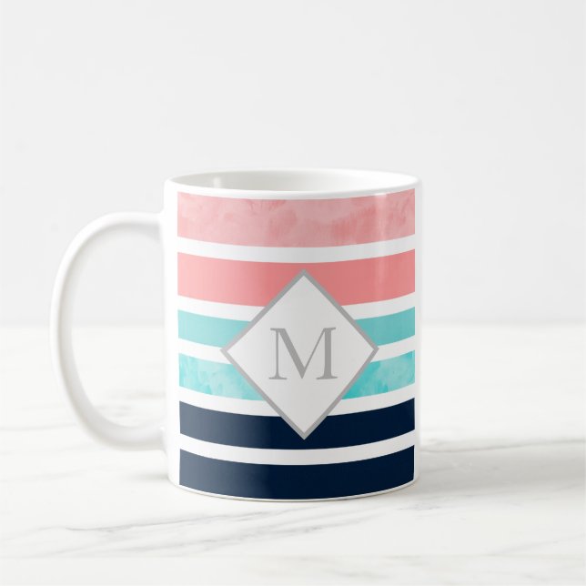 Peach Turquoise Indigo Weiße Streifen Kaffeetasse (Links)