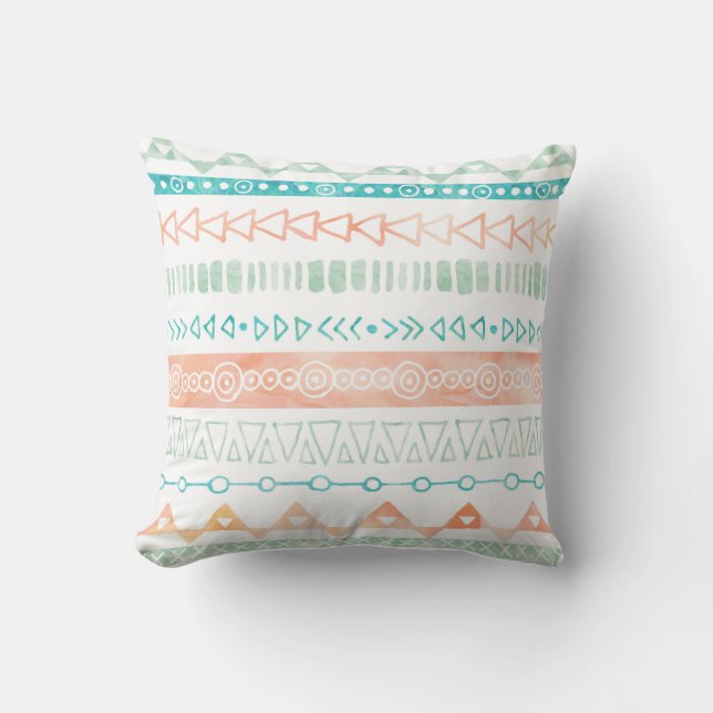 Peach Turquoise Mint Watercolor Coussin tribal (Recto)