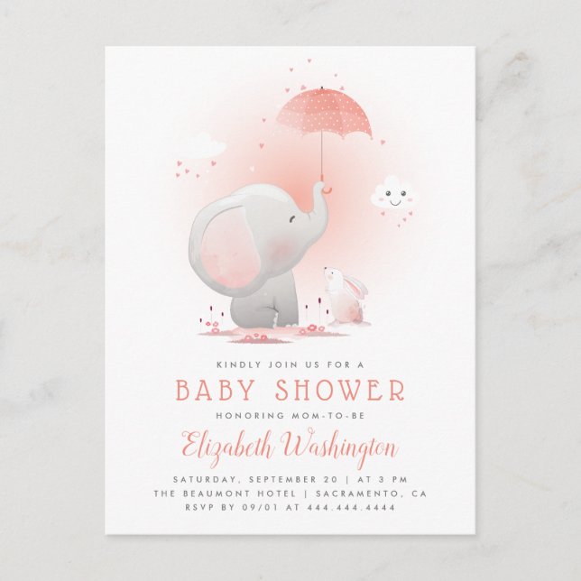 Peach Umbrella Elephant & Bunny Girl Baby Dusche Einladungspostkarte (Vorderseite)
