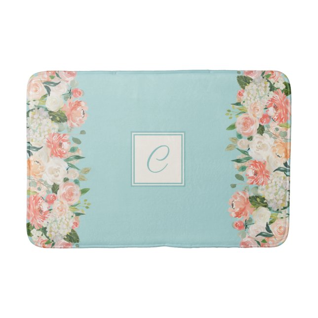 Peach und Aqua Wasserfarbenfloral mit Monogramm Badematte (Vorderseite)