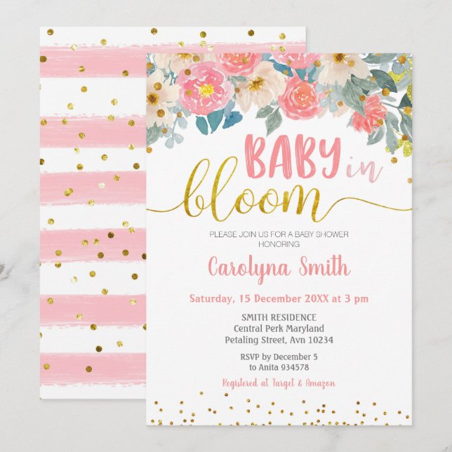 Peach und Gold Baby in Bloom Einladung (Vorne/Hinten)