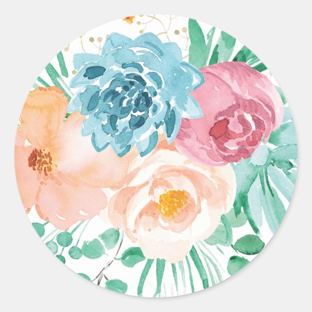 Peach und Green Floral Aufkleber (Vorderseite)