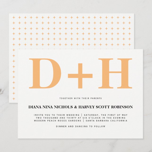 Peach und weiße Initialen fett Typografie Hochzeit Einladung (Vorne/Hinten)