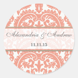 Peach Viktorianisch Vintag Damask Heart Wedding Si Runder Aufkleber