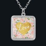 Peach Vintag Floral Fake Gold Liebe Giro Versilberte Kette<br><div class="desc">Niedliche pfirsichfarbene und rosa Blume auf einem minzgrünen Hintergrund. Fake-Folie goldenes Herz. Es liest "Liebe" in extravaganter Schriftzeichen. Mädchen!</div>